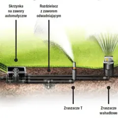 Schemat instalacji zraszaczy ogrodowych: skrzynka, rozdzielacz, zraszacze T, wahadłowe i S.